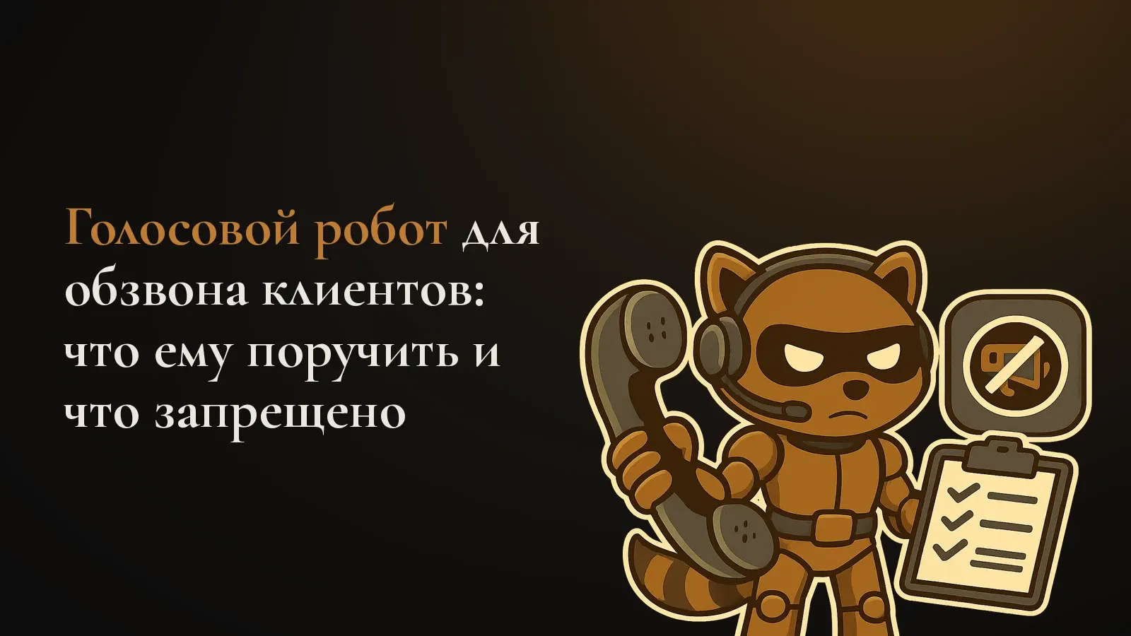 Робот-енот в гарнитуре с телефонной трубкой и чек-листом, рядом перечёркнутый значок рекламы