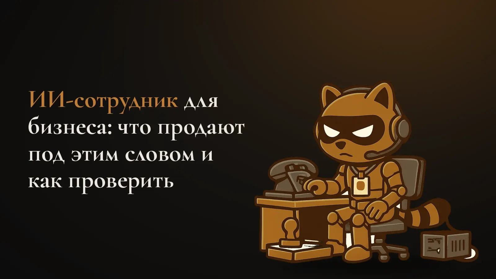 Робот-енот в гарнитуре и с бейджем за офисным столом с телефоном и печатью, рядом на полу сервер