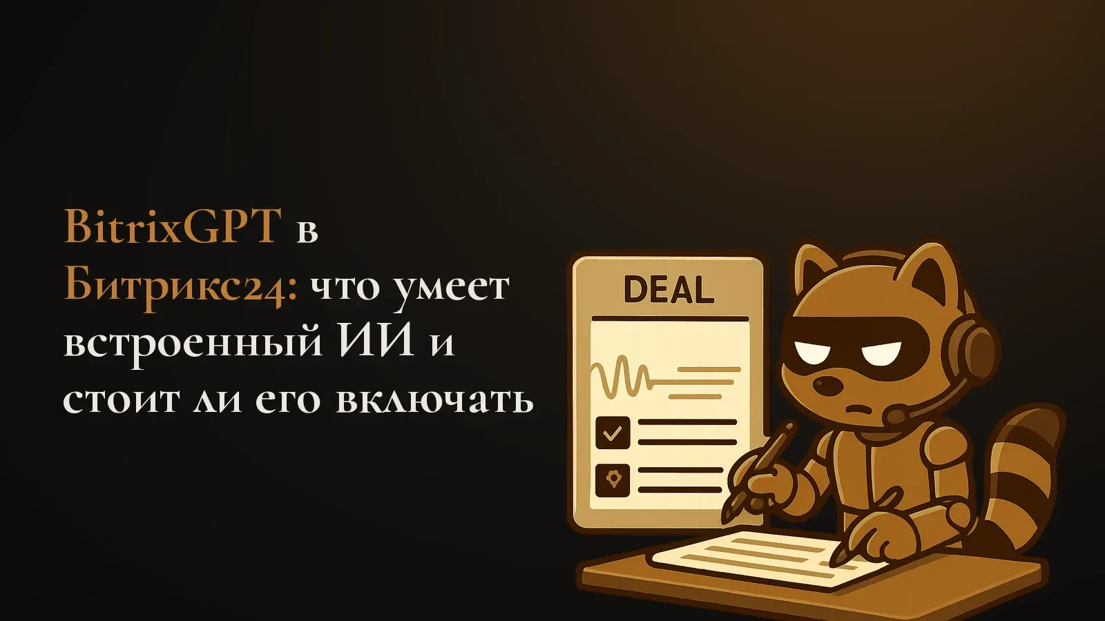 Робот-енот в гарнитуре заполняет карточку сделки по расшифровке звонка