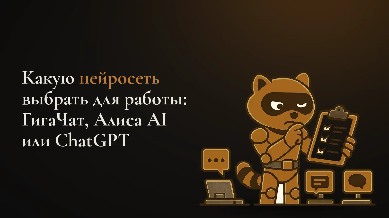 Робот-енот с чек-листом сравнивает три чат-терминала, выбирая нейросеть для работы