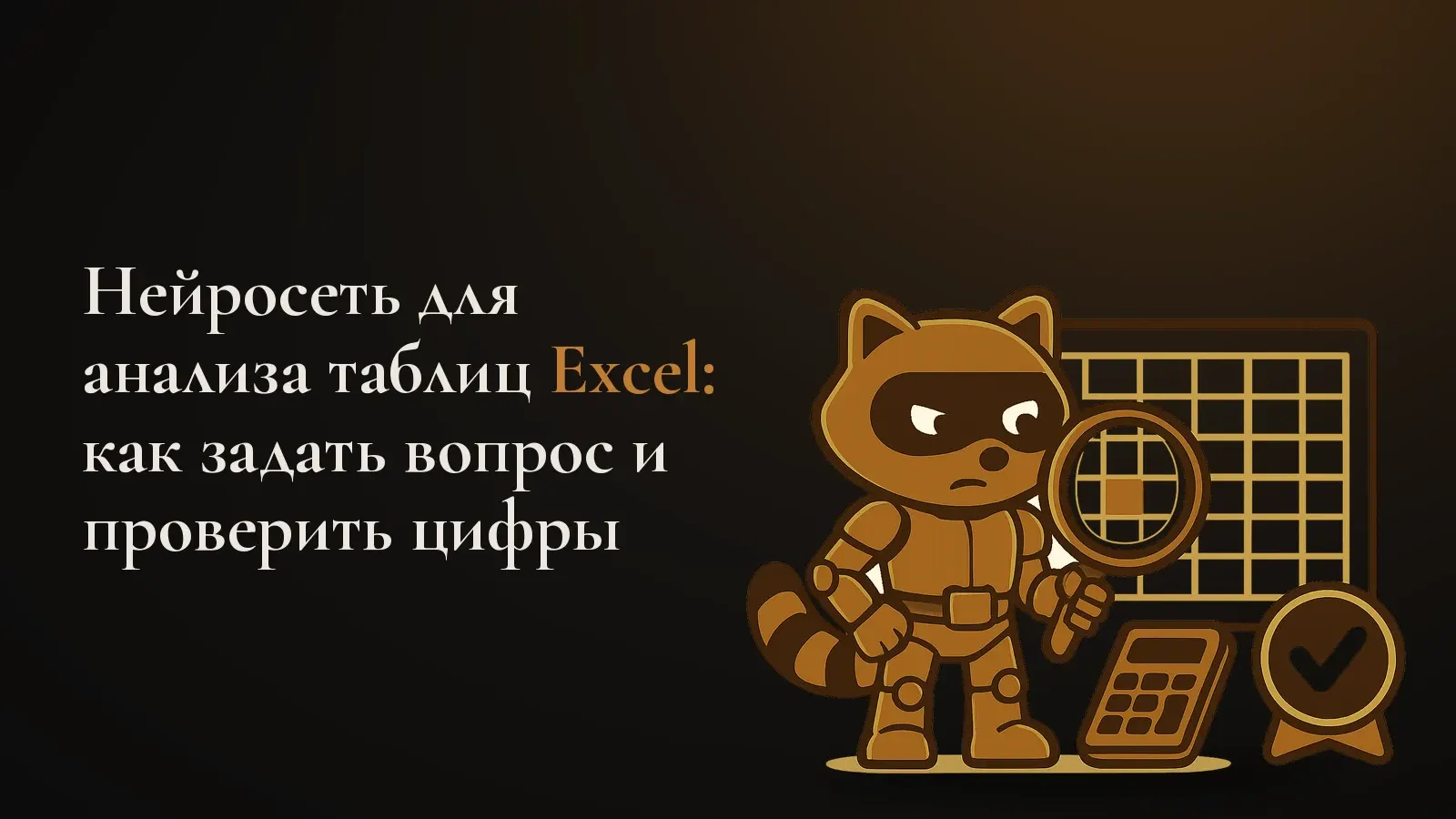 Робот-енот с лупой проверяет выделенную ячейку в таблице, рядом калькулятор и значок с галочкой