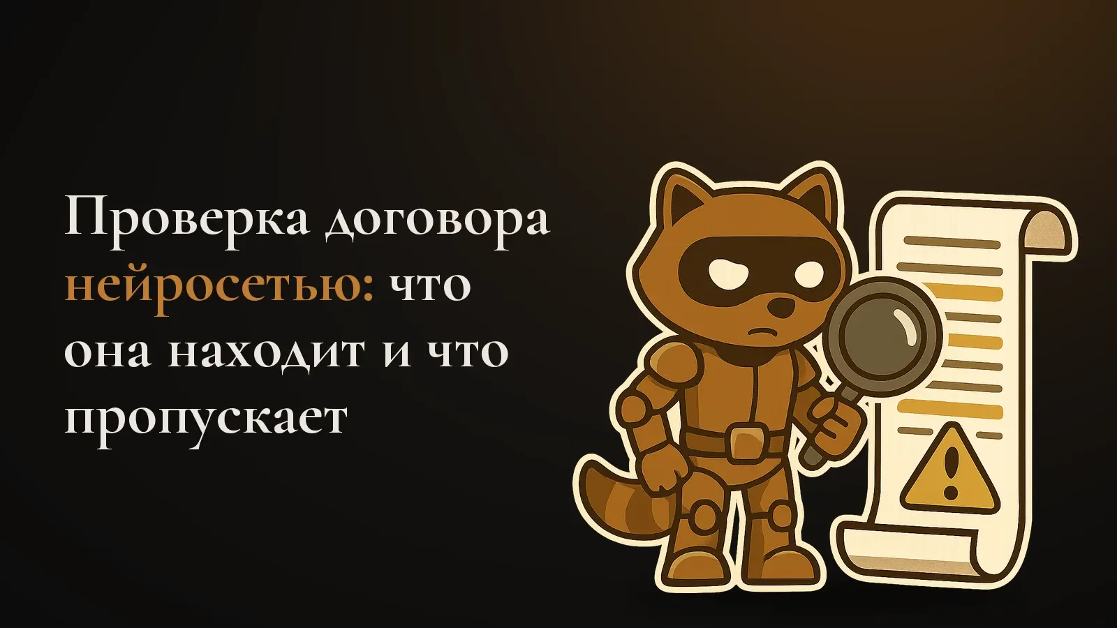 Робот-енот с лупой проверяет длинный договор, на одном пункте знак предупреждения